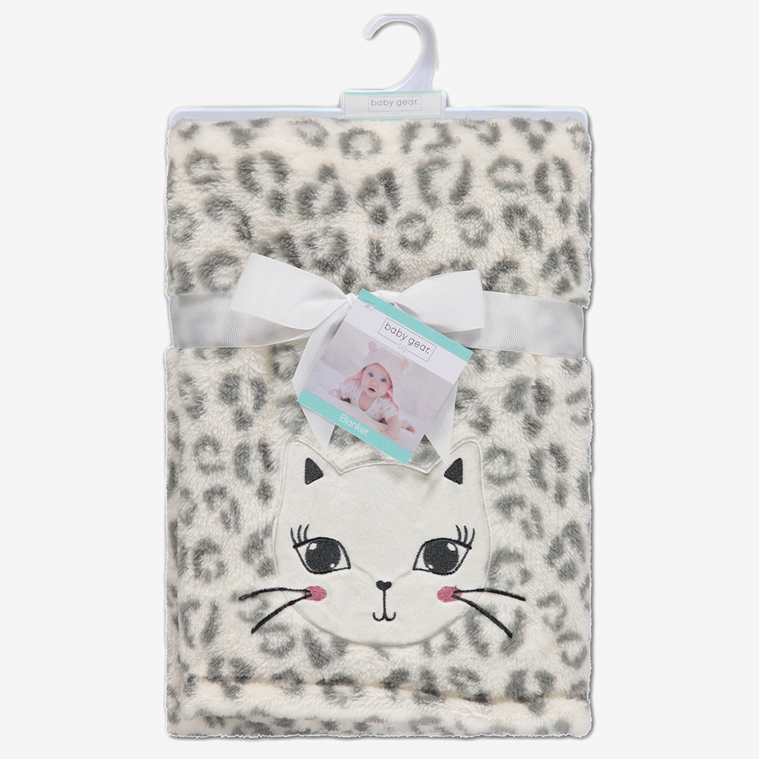 Baby blanket cat embroidered shown for retail with blanket