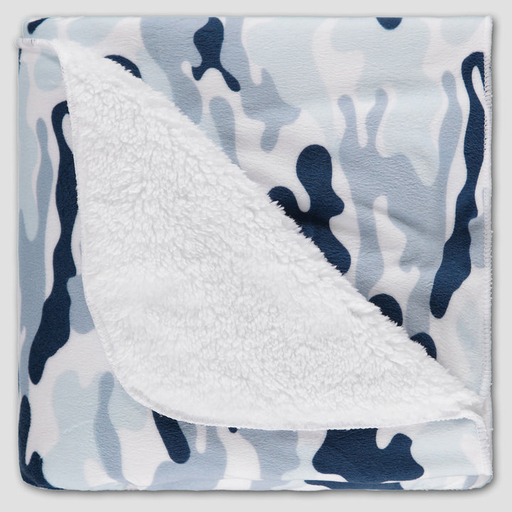 blue camo pattern folded baby blanket