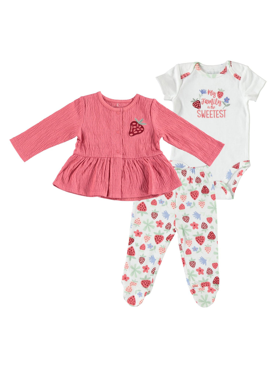 Baby Girl 3 Piece Cardigan Set Strawberry Print Onesie, Pant and Muslin Red Jacket For Newborn Size 0-3M