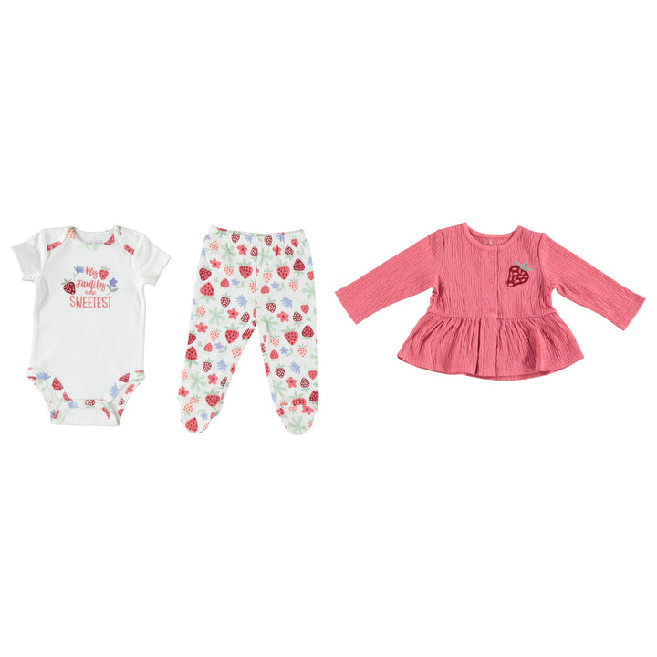 Baby Girl 3 Piece Cardigan Set Strawberry Print Onesie, Pant and Muslin Red Jacket For Newborn Size 0-3M