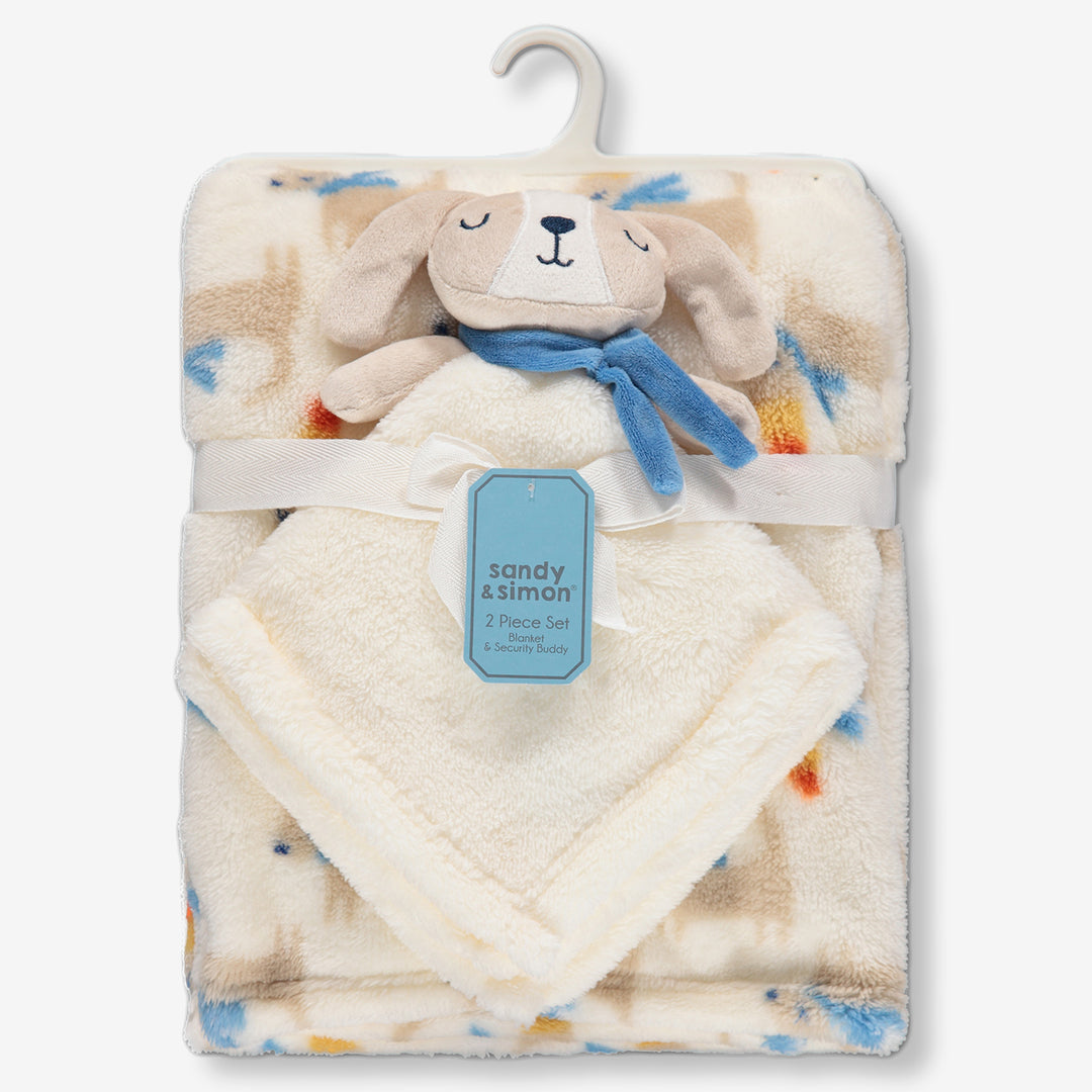 Baby blanket puppy shown for retail with blanket